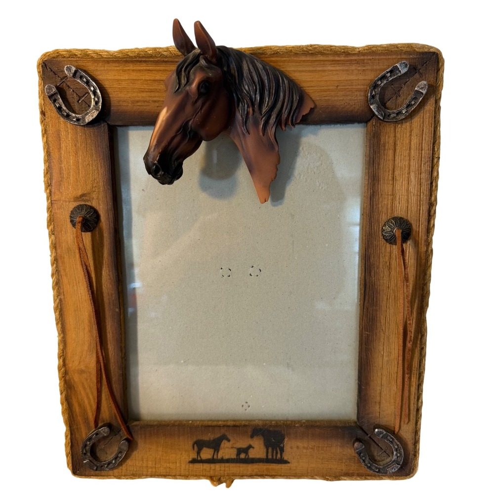 Rustic Western Wood Horse Head 3 Dimensional Picture Frame Horseshoes Leather